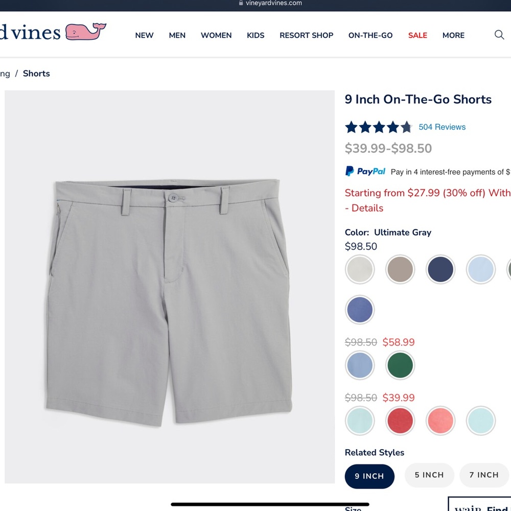 Vineyard Vines On-the-Go Performance Mens Shorts, Size 33, 9" Inseam, Gray